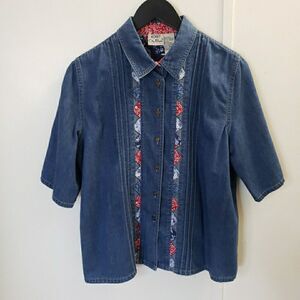 Koret City Blues Shirt Women L Denim Short Sleeve Button Front Patchwork 80s 90s